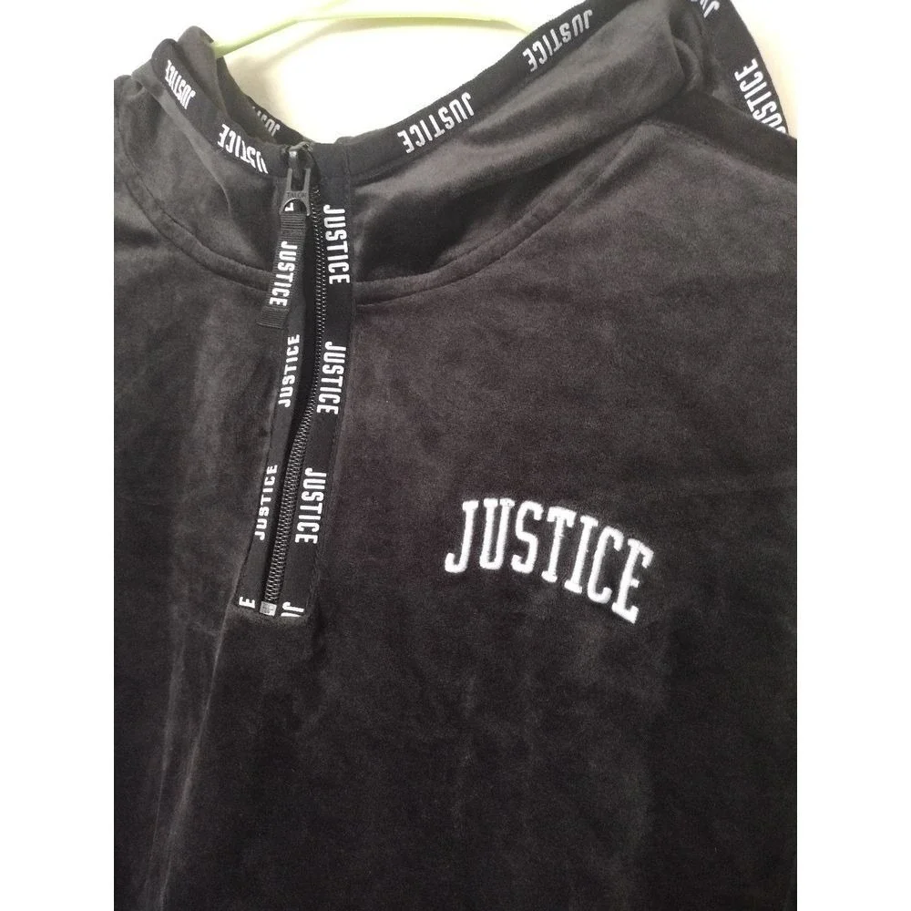 Justice Girls Black Velour Quarter Zip Hoodie Logo Tape Sweatshirt Size 14/16